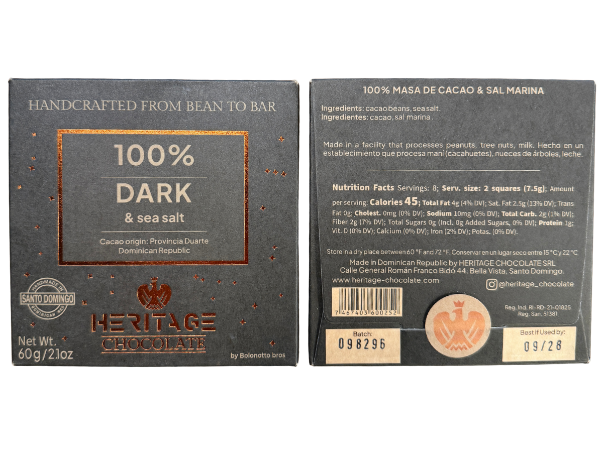 Heritage Chocolate 100% Dark Chocolate with Sea Salt