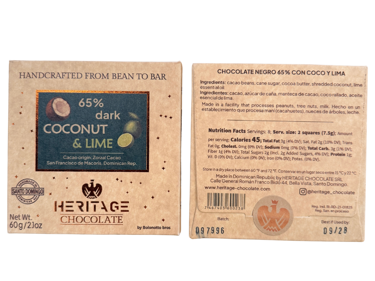 Heritage Chocolate Coconut & Lime 65% Dark Chocolate