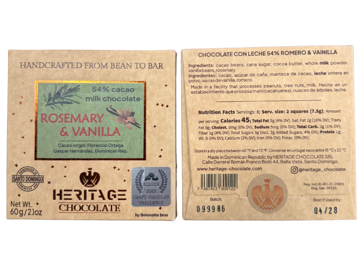 Heritage Chocolate Rosemary & Vanilla 54% Milk Chocolate